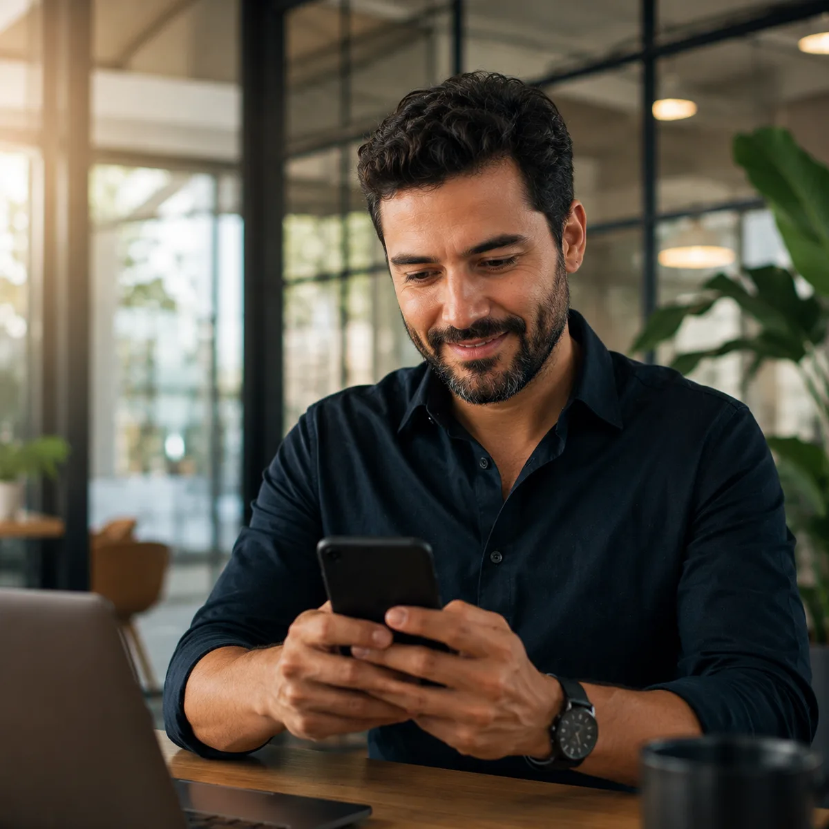 Empreendedor satisfeito usando WhatsApp com segurança