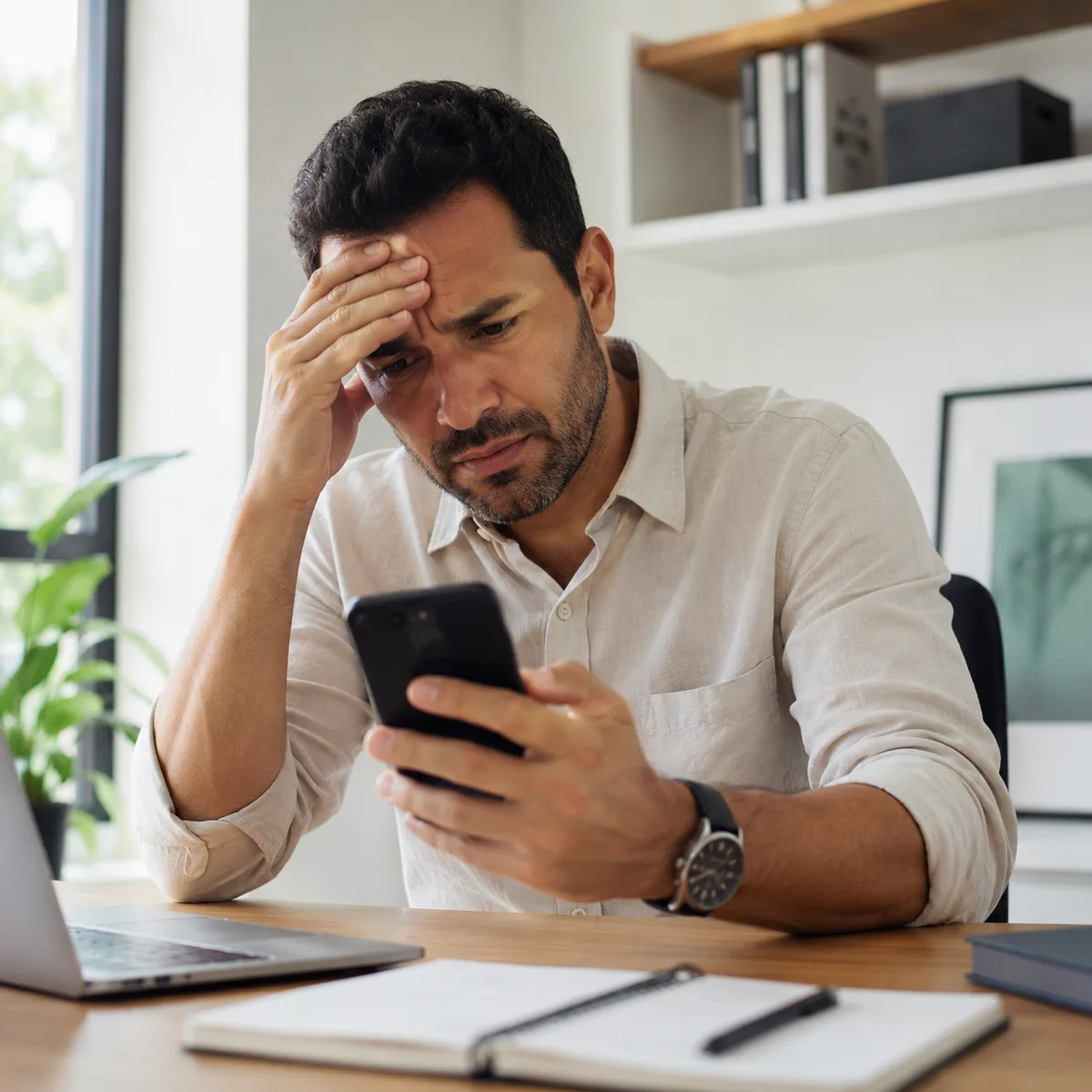 Homem preocupado analisando o comportamento do WhatsApp